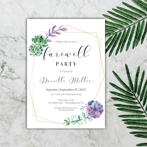 Farewell Party template card, purple succulents and gold geometric frame Farewell invitation printable, Editable text Instant Download #BTT