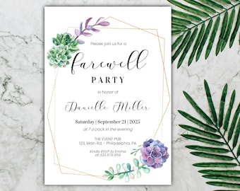 May include: A gold geometric frame with succulent plants and purple flowers on a white background. The text reads "Please join us for a farewell party in honor of Danielle Miller. Saturday | September 21 | 2025 at 7 o'clock in the evening. THE EVENT PUB 123, Main Rd. - Philadelphia, PA. Kindly RSVP to Emma at 333 879 654."
