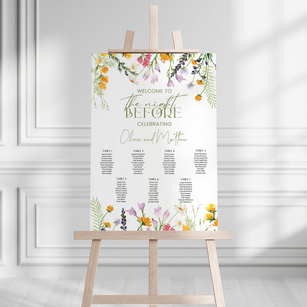 Rehearsal Dinner Seating chart and welcome template, The night before signage, wildflowers modern, meadow flowers sign editable