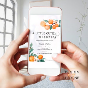 May include: A digital invitation for a baby shower with a watercolor illustration of orange blossoms and the text "A Little Cutie is on the way". The invitation includes the name Olivia Miller, the date and time of the event, the location, and RSVP information.