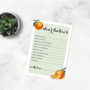 Lettera per bambini gemelli in arrivo, auguri per baby shower, arance su sfondo verde, da stampare