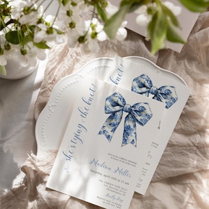 Invito addio al nubilato con fiocco blu acquerello, elegante, template da editare e stampaeìre AA108