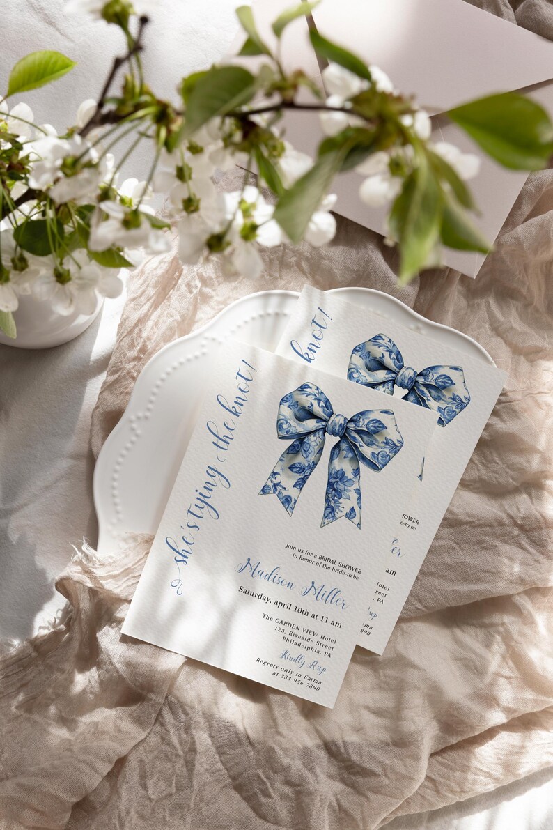 Blue Chinoiserie bow bridal shower invitation, great for she is tying the knot or something blue before I do themed shower.