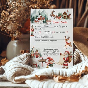 May include: A Christmas-themed letter to Santa Claus, featuring illustrations of reindeer, houses, and Santa. The letter includes fill-in-the-blank sections for the child's name, age, and behavior, along with a space for gift wishes.