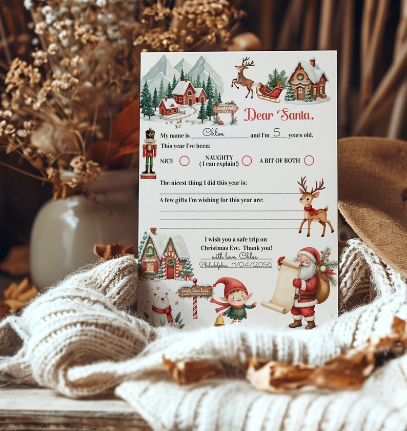 May include: A Christmas-themed letter to Santa Claus, featuring illustrations of reindeer, houses, and Santa. The letter includes fill-in-the-blank sections for the child's name, age, and behavior, along with a space for gift wishes.