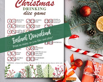 Drink Dice Game Edición navideña imprimible, Juego Dice Christmas Party para adultos, Divertido juego de fiesta navideña Beber dados PDF