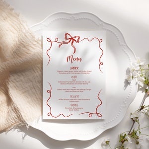 Whimsical Holiday Dinner Menu template,  festive red bow Menu card printable, editable colors template, hand drawn border, AA042
