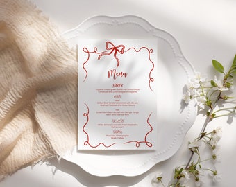 Whimsical Holiday Dinner Menu template,  festive red bow Menu card printable, editable colors template, hand drawn border, AA042