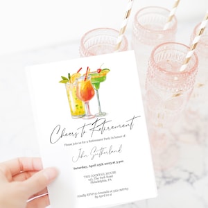 Invito festa di pensionamento con cocktails,  disponibile anche in italiano su richiesta, template con testo modificabile