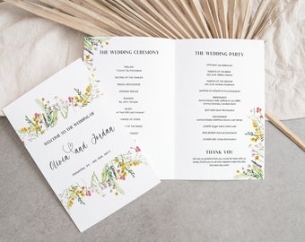 May include: A wedding ceremony program with a floral design. The front cover features the text "Welcome to the Wedding of Olivia and Jordan" with a floral border. The inside pages list the wedding ceremony and reception details.
