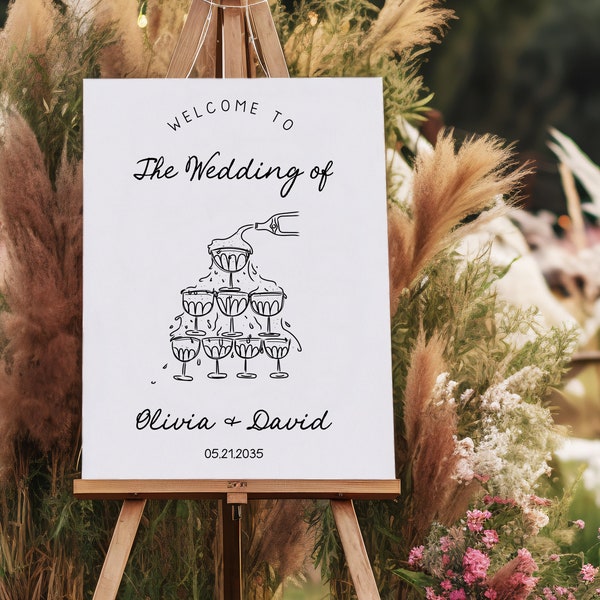 Wedding welcome sign Template, whimsical wedding custom signage, hand drawn scribble illustration, champagne tower AA048