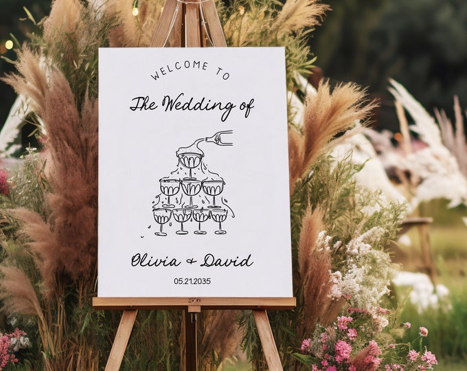 Featured listing image: Wedding welcome sign Template, whimsical wedding custom signage, hand drawn scribble illustration, champagne tower AA048