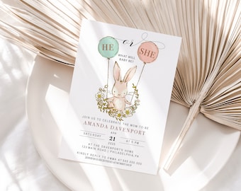 Bunny with Balloons He or She Gender Reveal Party Invitation Printable, Spring Gender Reveal Shower Invitation Template