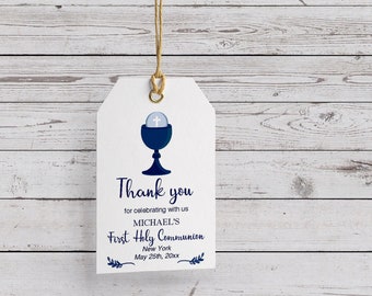 Blue First Communion Favors Tag printable, Boy or Girl Communion tag template, Instant download you print editable PDF