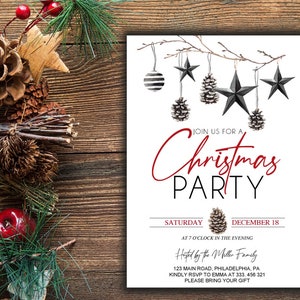 Invito digitale per festa di Natale da stampare, file digitale editabile con cardinale rosso e agrifoglio PDF