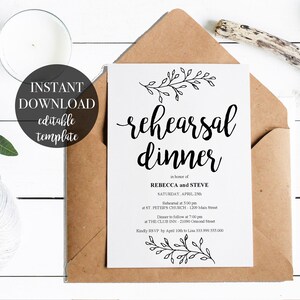 Tarjeta de invitación de plantilla imprimible de cena de ensayo, invitación editable de ensayo de cena de boda rústica, archivo PDF imprimible diy #RBR