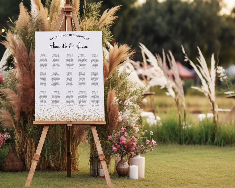 Elegant Seating Chart Template, Wedding Seating sign poster, Gold glitterWedding Table Chart Poster Printable, Instant Download image 2