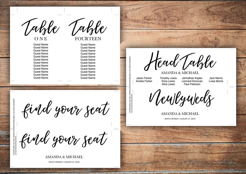 Hochzeit Sitz Diagrammvorlage, druckbare a4 Karten, Kalligraphie elegante Teableau de Mariage, Sitz Plan sofort-Download, PDF-Datei Bild 2