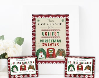 May include: Three printable signs for a Christmas party game. The signs read "Please cast your vote for the ugliest Christmas sweater", "Please vote for the ugliest sweater", and "Please vote for the ugliest sweater". The signs feature a red and green Christmas sweater pattern.