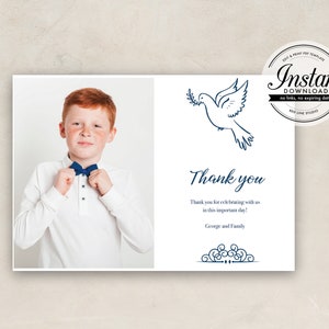 Carte de remerciement de première communion avec photo, colombe bleue Communion Merci carte photo, téléchargement numérique imprimable, PDF modifiable