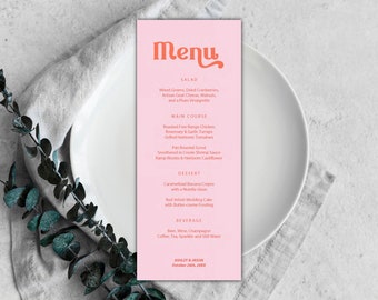 Tarjeta de menú retro rosa y naranja imprimible, fuente elegante, plantilla de menú de fuente en negrita, PDF