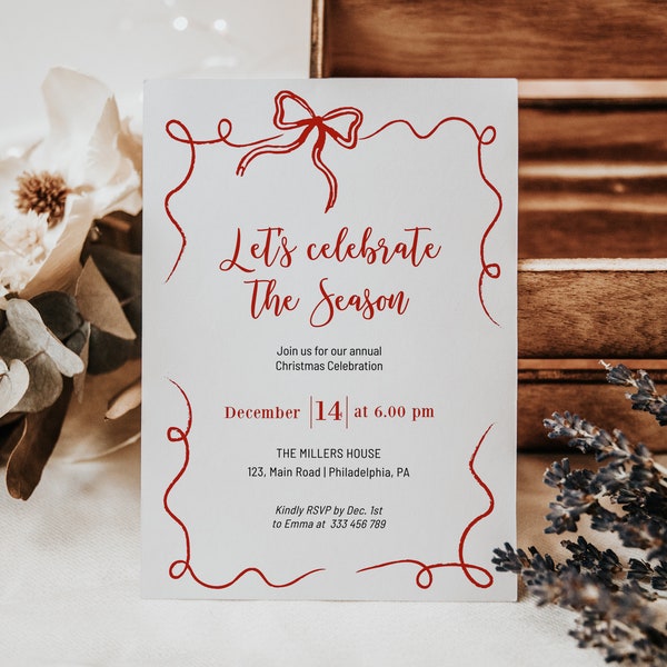 Whimsical Holiday Party Invitation Template, Bow Christmas Party Invitation Printable, Simple elegant red and white, AA42