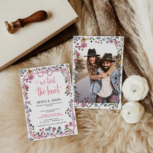 May include: A floral wedding invitation with a pink and white border. The invitation reads "We tied the knot" with the couple's names, Olivia and Jason, and the date of their wedding. The invitation also includes details about the reception, including the date, time, and location.
