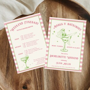 May include: A pink and green striped invitation for a bachelorette weekend in Miami, Florida. The invitation features a cartoon illustration of a bride sitting in a margarita glass. The text on the invitation reads "Margs & Matrimony" and "Bachelorette Weekend celebrating Olivia Miller".