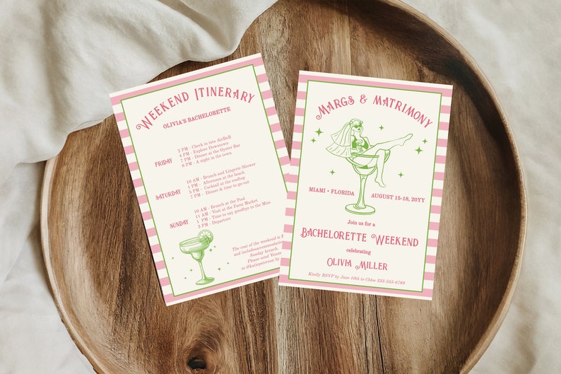May include: A pink and green striped invitation for a bachelorette weekend in Miami, Florida. The invitation features a cartoon illustration of a bride sitting in a margarita glass. The text on the invitation reads "Margs & Matrimony" and "Bachelorette Weekend celebrating Olivia Miller".