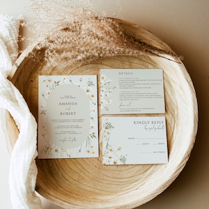 Partecipazioni nozze con bellissimi fiori di campo, Invito matrimonio stile boho con margherite, set con inserti editabili da stampare