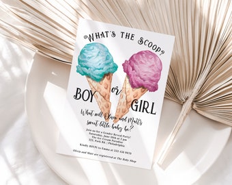 Ice Cream Gender Reveal Party Invitation, Spring Summer Gender Reveal Invite template, Boy or Girl editable what' the scoop template