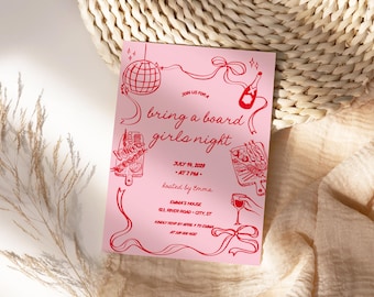 Bring Board Girls Night Party Invitation, charcuterie cheese and wine Party whimsical Invite template, aa130