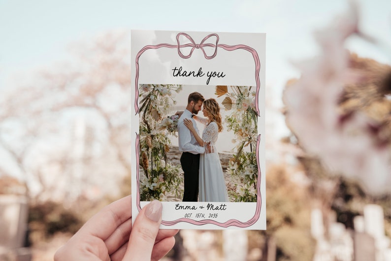 Thank you photo card template, bow wedding keepsake favor for guests, double sided 2 photos personalized letter, whimsical funky AA045 image 4