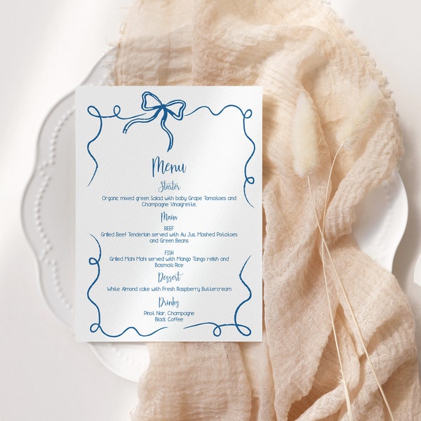 Menu card template, Whimsical Bow, Hand drawn ribbon quirky, Dinner Menu template,  AA045