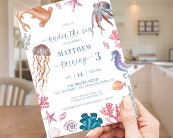 Under the sea Birthday Party Invitation, Ocean Birthday Invite, Nautical Marine theme Birthday no gender, Edit with Corjl AA05
