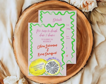 WEDDING INVITATION TEMPLATE, double sided, hand drawn lemons illustrations & handwritten, colorful, fun whimsical wavy, italian wedding