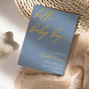Baby Shower annuncio nascita bambino minimalista con scritta oro, editabile con Corjl