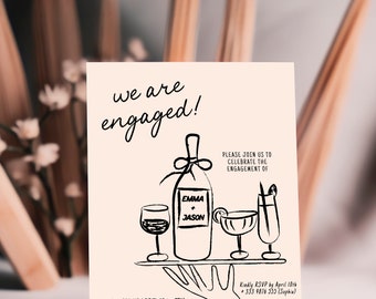 May include: A peach-coloured engagement announcement card with black text and illustrations. The text reads "we are engaged!" and "Please join us to celebrate the engagement of Emma + Jason." The card also includes a hand holding a tray with a bottle of wine, a glass of wine, a martini glass, and a tall glass with a straw. The text at the bottom of the card reads "Saturday, April 29th 7PM The Harris Garden Club 123 Main Rd. Philadelphia Kindly RSVP by April 10th 333 9876 555 (Sophie)"