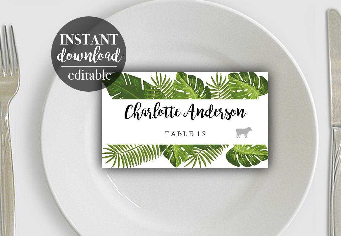 Tropical Leaves Editable Place Cards, Greenery Wedding Escort