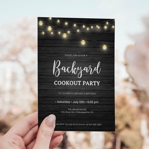 Backyard Cookout party invitation template, Birthday, Baby Shower, Couples Shower, Garden Party, rustic wood and summer lights printable image 2