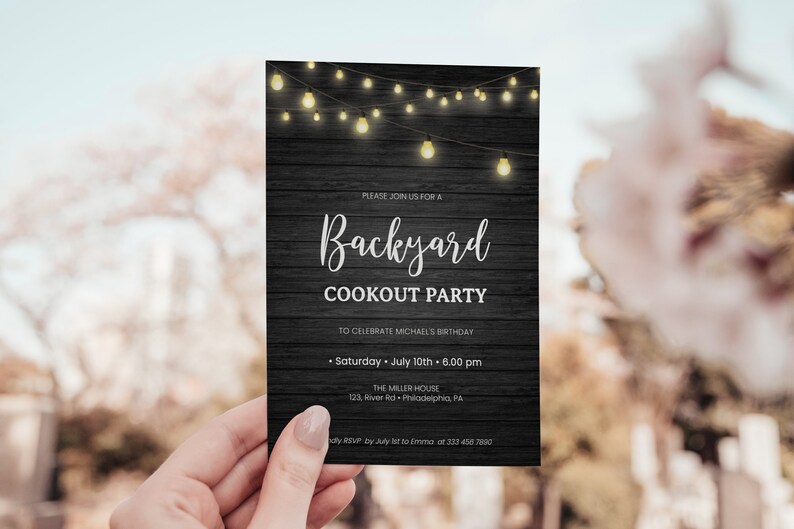 Backyard Cookout party invitation template, Birthday, Baby Shower, Couples Shower, Garden Party, rustic wood and summer lights printable image 2