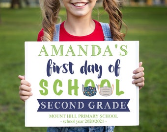 First day of school sign with masks, personalized with name back to school sign printable, editable instant download digital file PDF