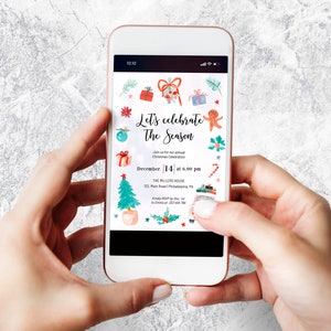 May include: A digital invitation on a smartphone screen for a Christmas celebration. The invitation features a watercolor illustration of Christmas ornaments, a gingerbread man, a Christmas tree, and a car. The text reads "Let's celebrate The Season" and includes the date and time of the event, the location, and RSVP information.