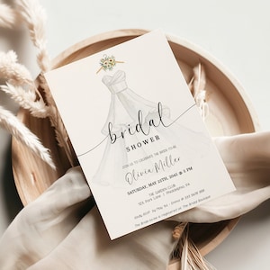 Invito addio al nubilato con abito da sposa acquerello, semplice ed elegante, da stampare AA083