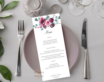 Fall Floral Menu Card template, Elegant Burgundy Menu card printable, editable template