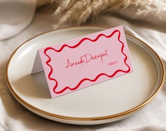 Wavy Place Cards Template: pink and red editable colors (Digital Download) AA006