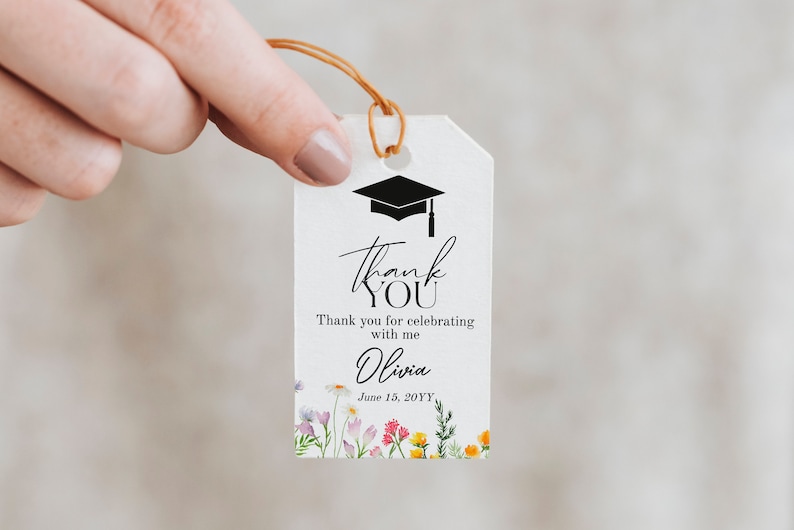 Graduation Favor tag template, Spring Wildflowers favors, floral Editable Grad party favor tag printable image 1