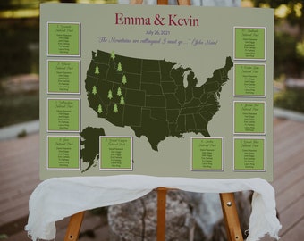 National Park US Map Seating Chart, National Park themed wedding seating plan Printable