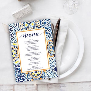 Mediterranean Tiles Menu Template 5x7 inches, Portuguese Tiles Dinner Menu Printable, Tiles Wedding Table Decor, INSTANT DOWNLOAD #ptl