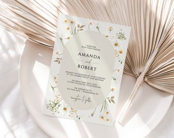 Daisy Wedding Invitation Template, Boho Wildflower Wedding Invitation printable, Wild Flowers Wedding editable invitation W01